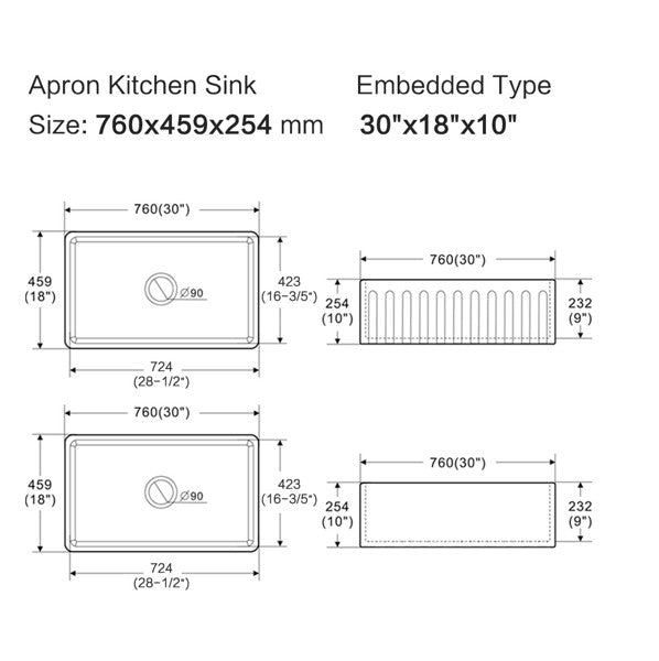 Orta Fine Fireclay Farmhouse Sink With Work Station 760mm
